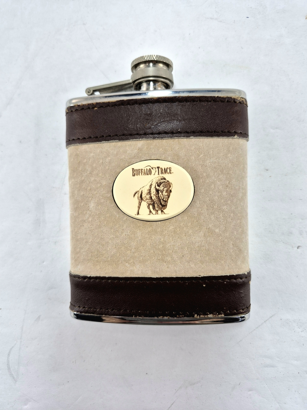 Vintage Buffalo Trace Distillery Leather & Suede Hip Flask – Rare Collector Item